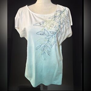 Womens Short Sleeve Shirt size L Coastal Summer Light Embroidered Pastel Top